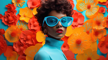 Creative portrait of a woman wearing a colorful futuristic dress made from recycled plastic on an orange backgroundの素材