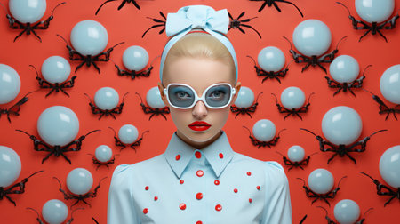 Creative portrait of a beautiful fashionable woman in Modern Halloween style. Orange, red and blue colorの素材