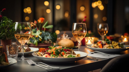 Beautifully set dining table with special decor. Vegetable salad and a glass of white wineの素材