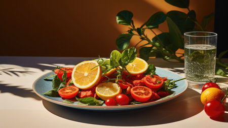 Healthy salad with tomato and citrus in Mediterranean style. Warm, orange sunlight filters through the window, highlighting the dishの素材