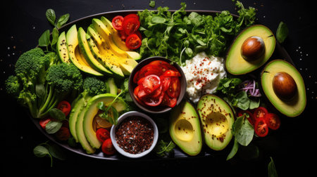 Avocado and friends: a beautifully designed arrangement of healthy foods on a wooden cutting board. Keto-friendly foods including avocados, eggs, and spinach.の素材