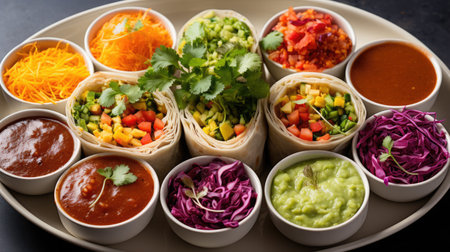 rice wraps with colorful veggies and assorted sauces. Asian cuisineの素材