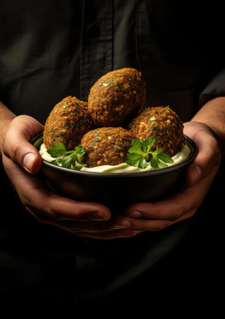 Falafel: A close-up shot showing the textured richness of falafel and its sesame coatingの素材