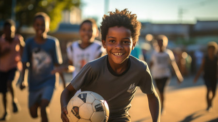 The future athlete. Children and teenagers practicing sports. Vibrant palette, low angle.の素材