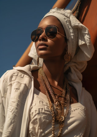 African woman in a light tunic on a yacht. Old money aestheticsの素材