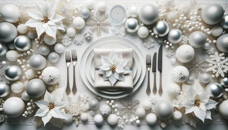Beautifully served New Year's Christmas table with white decor. Monochrome composition top viewの素材