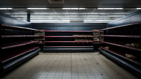 An empty grocery store shelf in a supermarket. The concept of sales, scarcity, supply chain issues, stock shortages, panic buying, or a need for restockingの素材