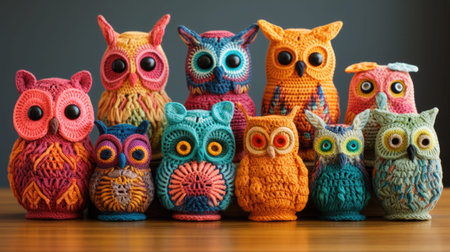 National Crochet Month concept. Children's cute toys-crafts crocheted with threads.の素材