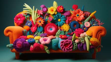 National Crochet Month concept. Children's cute toys-crafts crocheted with threads.の素材