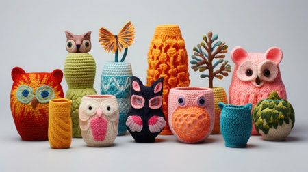 National Crochet Month concept. Children's cute toys-crafts crocheted with threads.の素材