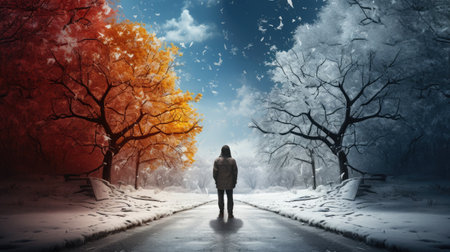 A split scene showing winter on the left and spring on the right, with a person standing in the middle transitioning from heavy winter gear to light spring attire. March Equinoxの素材