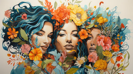 diverse women's faces interconnected with soft floral patterns, abstract watercolor art.の素材