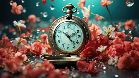 Close-up of a vintage pocket watch surrounded by scattered flower petals on an aqua background, spring time.の素材
