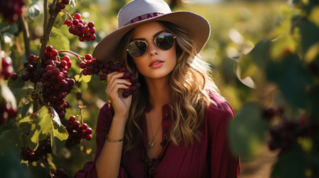 A beautiful girl in a burgundy dress poses in a vineyard with a bunch of grapes in her hands. Oldmoney style. Feast of young wine.の素材