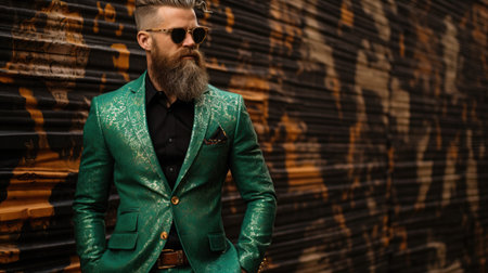 Fashion-forward leprechaun with trendy glasses and outfit, standing confidently against an urban graffiti wall.の素材