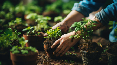 Hands plant young plants, seedlings in potsの素材