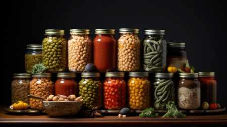 Canned food month concept. Glass jars with a variety of canned goods stand on a shelfの素材