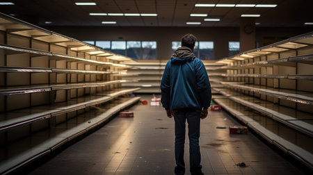 Waiting for Restock. Shoppers waiting for restocking patiently stand by empty shelves, looking hopefulの素材