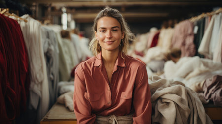 Ethical fashion concept using eco-friendly materials. Portrait of a beautiful girl wearing clothes made from reused recycled fabric.の素材