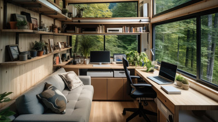 Tiny house living with a compact and modern interior design. Modular residential building made from recycled materials.の写真素材