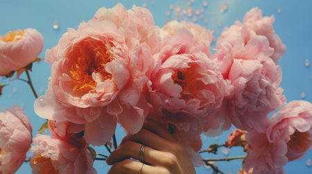 Creative spring composition, girls hands holding chic coral peonies flowers on a blue background.の素材
