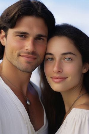 Portrait of attractive man and beautiful woman in white clothes, book fantasy cover, fantasy romance novel.の素材