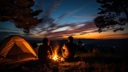 Couple camping under the stars with a cozy campfireの素材