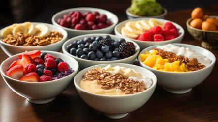 National Oatmeal Month: A breakfast spread featuring oatmeal bowls topped with a selection of nuts, fruits, and honeyの素材