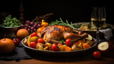 National Sunday Supper Month: A family-style dining table set with a roasted chicken, vegetables, and all the fixings for a traditional Sunday supper.の素材