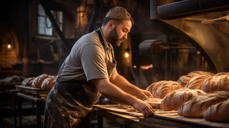 National Wheat Bread Month: A baker pulling trays of whole wheat bread out of an industrial oven in an artisan bakeryの素材