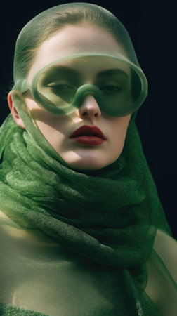 Beautiful fashionable girl in a green outfit. Green glasses and a headscarf. Trendy marsh color.の素材