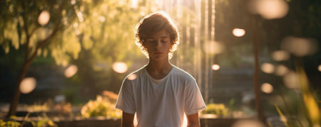 Mindfulness. Photo of a teenager in a peaceful garden, practicing mindful breathing, dressed in loose, comfortable clothing from the casual wear lineの素材