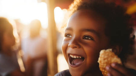 Portrait of a smiling child with ice cream, blurred background of a summer fair.の素材