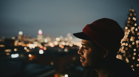 Portrait of a person in a Santa hat, blurred twinkling lights of a cityscape.の素材
