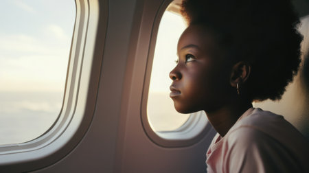 African Teenage Girl sits on an airplane and looks thoughtfully out the windowの素材