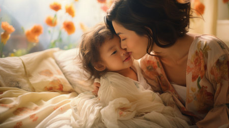 Asian mother kisses and hugs her baby, blurred kids room. Mother's day conceptの素材