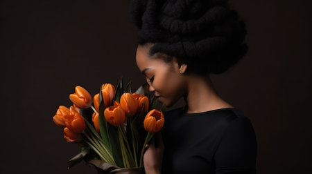 Beautiful fashionable African girl enjoying a bouquet of pink and yellow tulipsの素材