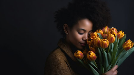 Beautiful fashionable African girl enjoying a bouquet of pink and yellow tulipsの素材