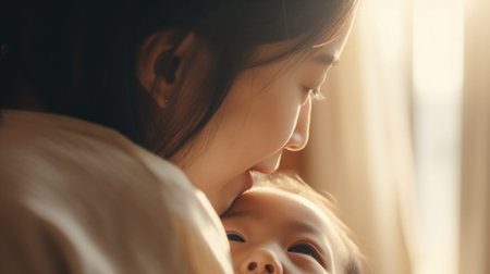 Asian mother kisses and hugs her baby, blurred kids room. Mother's day conceptの素材