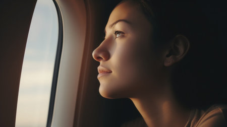 Close up modern Girl sits on an airplane and looks thoughtfully out the windowの素材