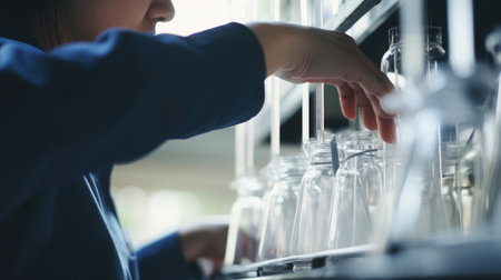 Asian lab technician analyzing test samples, blurred background of lab equipment.の素材