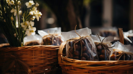 A basket full of Easter treats and chocolates, blurred background of a festive market.の素材