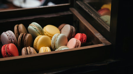 A mix of colorful macarons in a box, blurred background of a city cafe.の素材