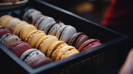 A mix of colorful macarons in a box, blurred background of a city cafe.の素材