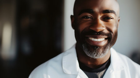 African American dentist with a reassuring smile, bright dental clinic setting. Close up portrait.の素材