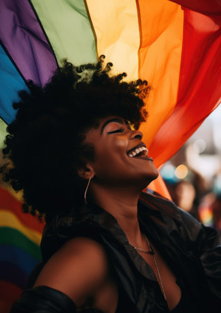 Dancer with a vibrant rainbow flag celebrating Pride at a Carnival, surrounded by balloons.の素材