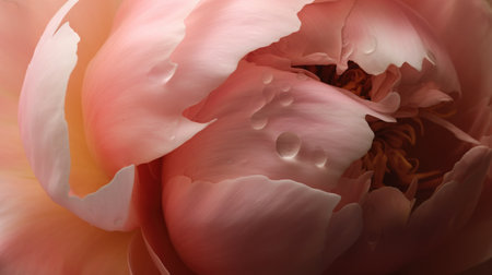 Macro capture of a blush pink peony, its ruffled petals unfurling to reveal a heart of golden stamens, with drops of morning dew accentuating its delicate beauty.の素材