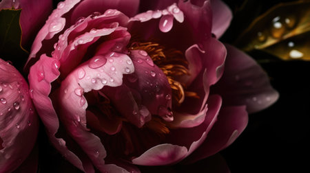 Water droplets on a pink peony, black backgroundの素材