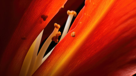 A close-up of a lily's stamen and pistil, a private look into the reproductive heart of the flower, vibrant and full of life.の素材