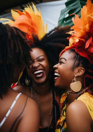 A group of friends in handmade costumes laughing together at the Notting Hill Carnival.の素材